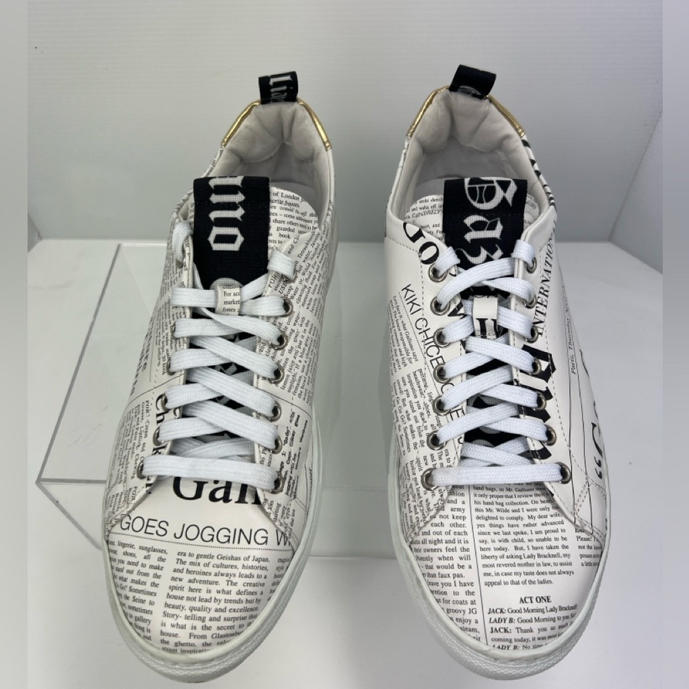 John Galliano, sneakers, white, newspaper print, size 41 European ,8 American